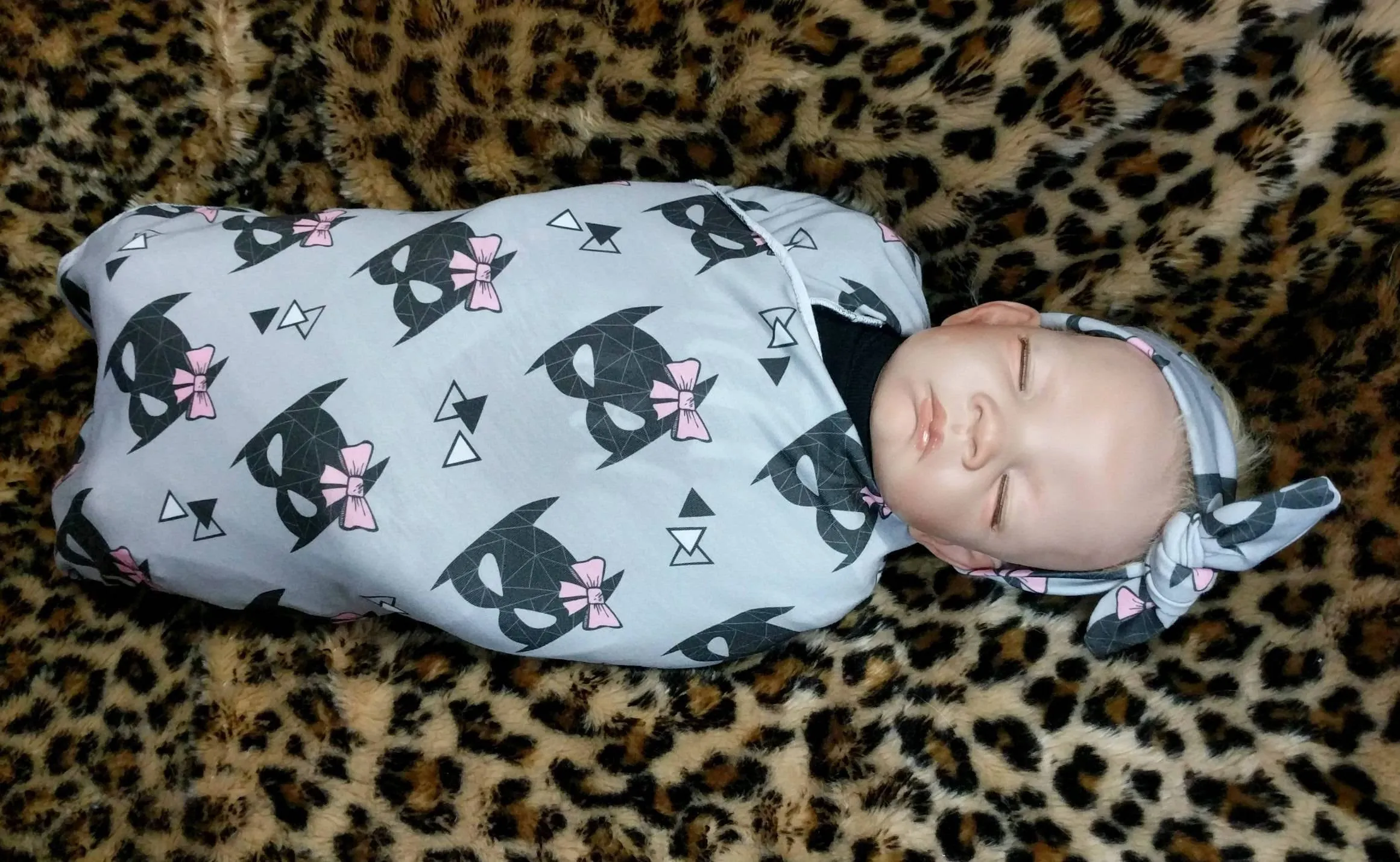 Bat Mask with Bow Baby Blanket   Hat or Headband,Black on Gray LG Knit