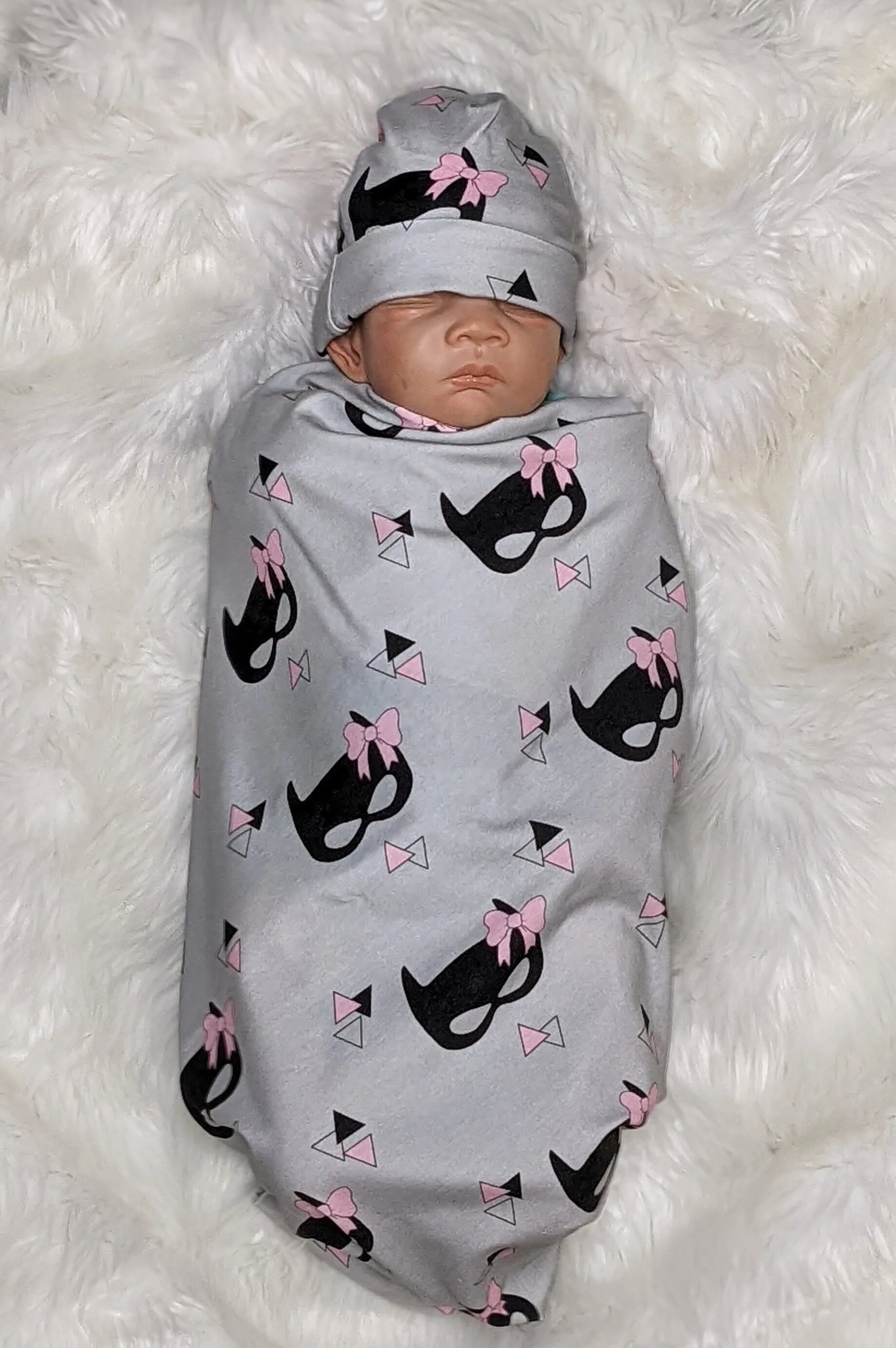 Bat Mask with Bow Baby Blanket   Hat or Headband,Black on Gray LG Knit