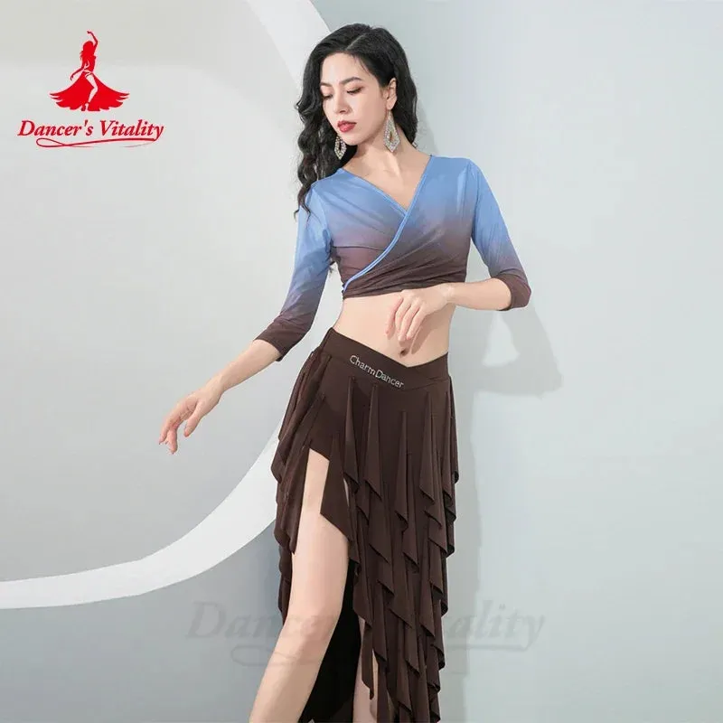 Belly Dance Costume for Women Mesh Half Sleeves and Fringed Long Skirt Oriental Professional Clothing Bellydance Wear Outfit