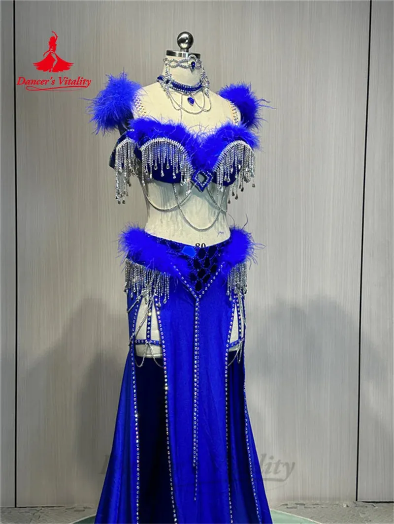 Belly Dance Costume Suit  Customized Feathers Tassels Bra diamond Long Skirt Oriental Dance Professional High End Dance Skirt