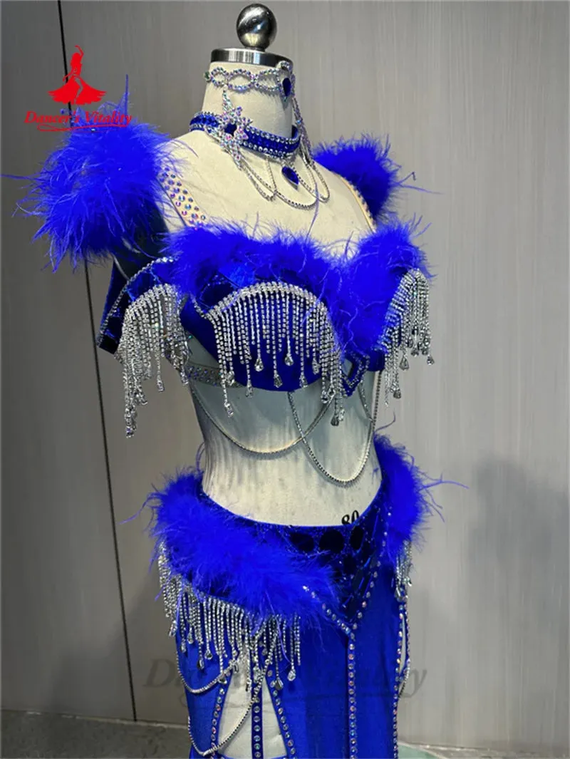 Belly Dance Costume Suit  Customized Feathers Tassels Bra diamond Long Skirt Oriental Dance Professional High End Dance Skirt