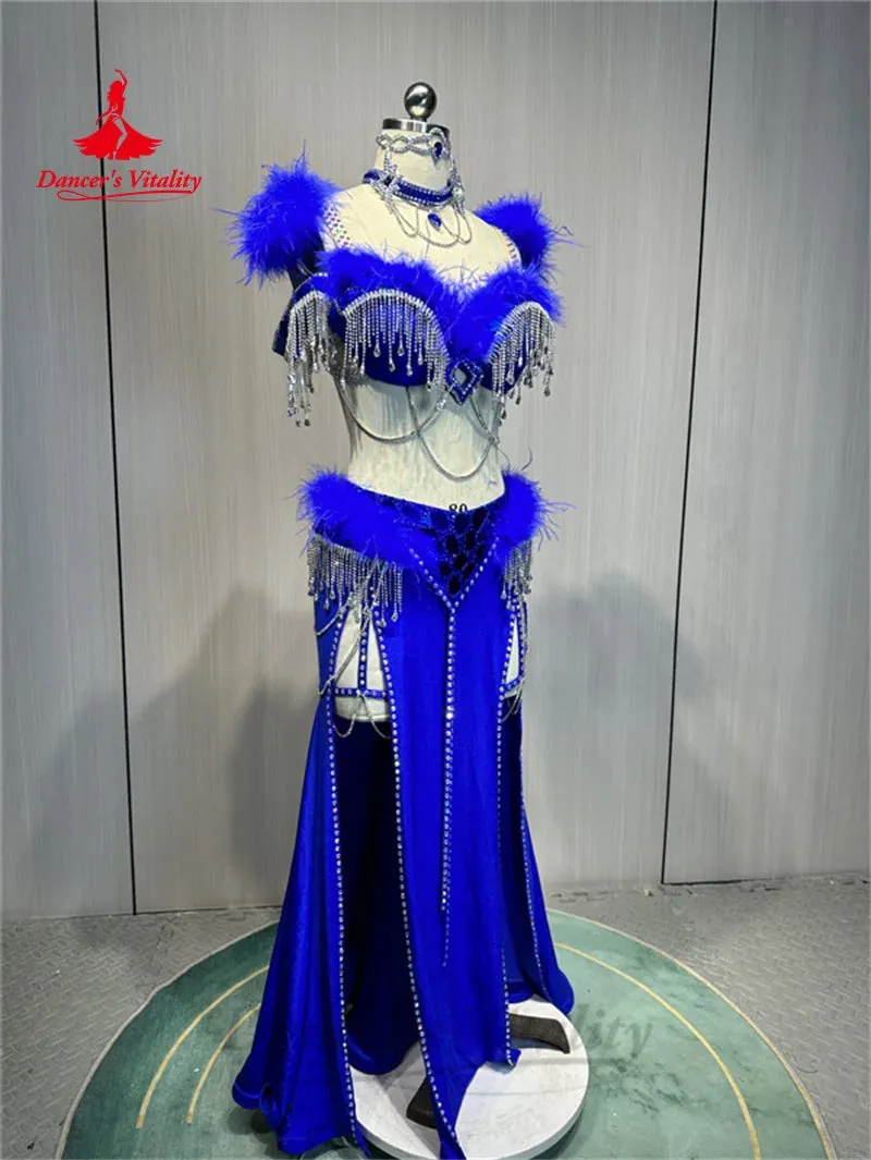 Belly Dance Costume Suit  Customized Feathers Tassels Bra diamond Long Skirt Oriental Dance Professional High End Dance Skirt