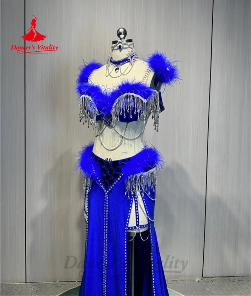 Belly Dance Costume Suit  Customized Feathers Tassels Bra diamond Long Skirt Oriental Dance Professional High End Dance Skirt