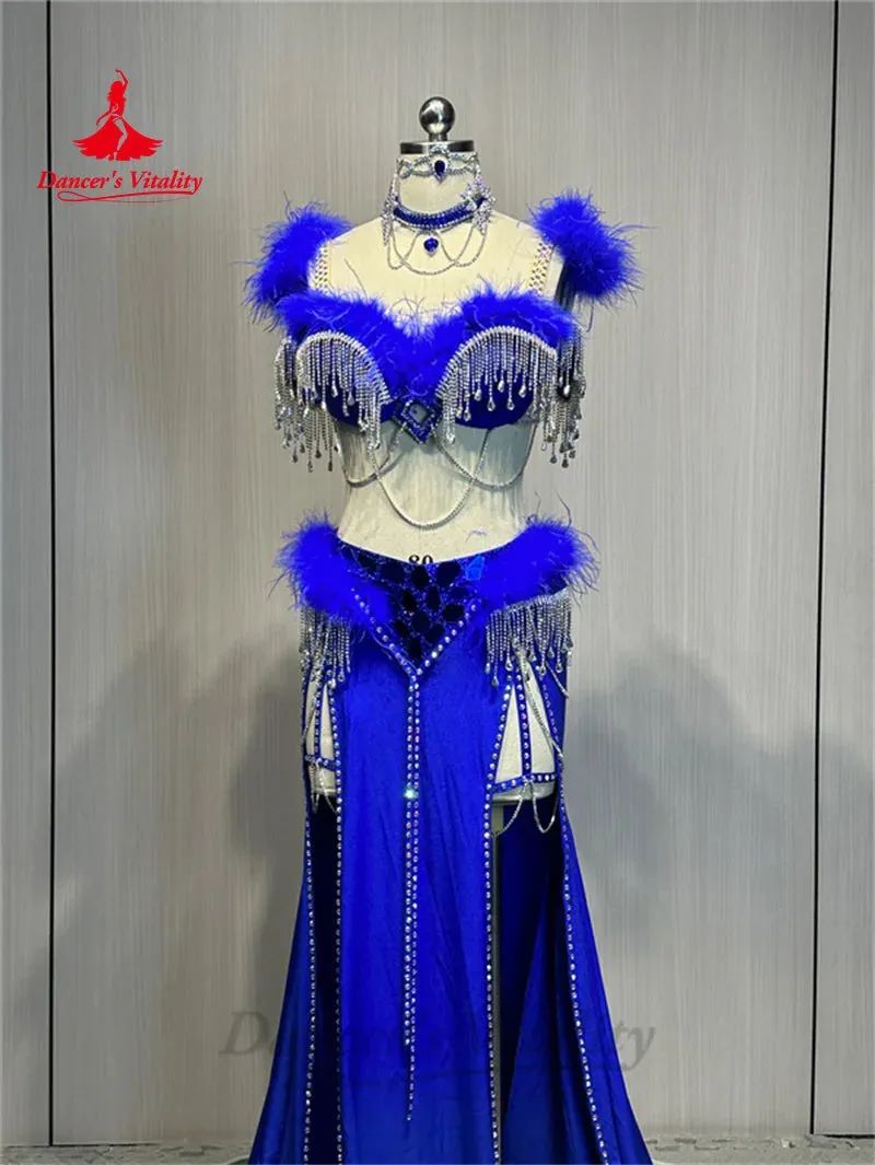 Belly Dance Costume Suit  Customized Feathers Tassels Bra diamond Long Skirt Oriental Dance Professional High End Dance Skirt