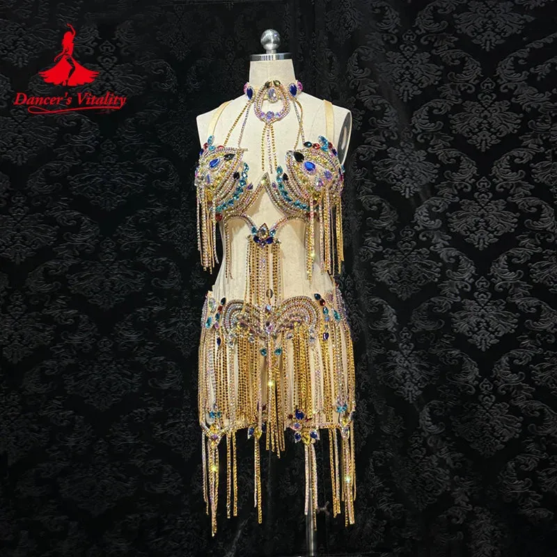 Belly Dance Costume Women's Customized High End Luxury AB Stones Tassel Suit Oriental Dance Professional Performance Clothing