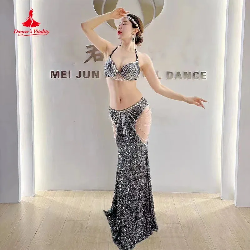 BellyDance Costume Customized Luxury Rhinestones Bra Sexy Sequin Long Skirt Set Oriental Dance Professional Performance Clothing