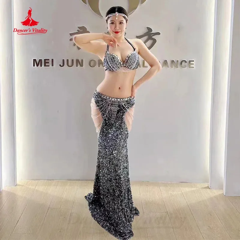 BellyDance Costume Customized Luxury Rhinestones Bra Sexy Sequin Long Skirt Set Oriental Dance Professional Performance Clothing