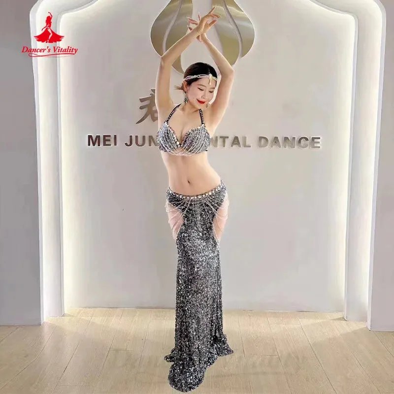 BellyDance Costume Customized Luxury Rhinestones Bra Sexy Sequin Long Skirt Set Oriental Dance Professional Performance Clothing