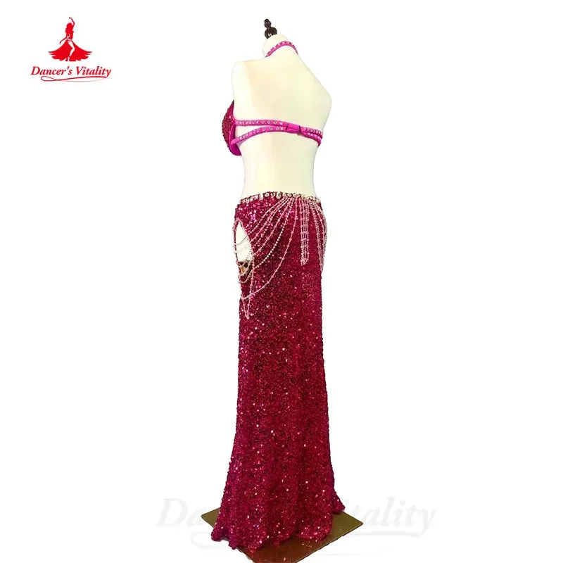 BellyDance Costume Customized Luxury Rhinestones Bra Sexy Sequin Long Skirt Set Oriental Dance Professional Performance Clothing