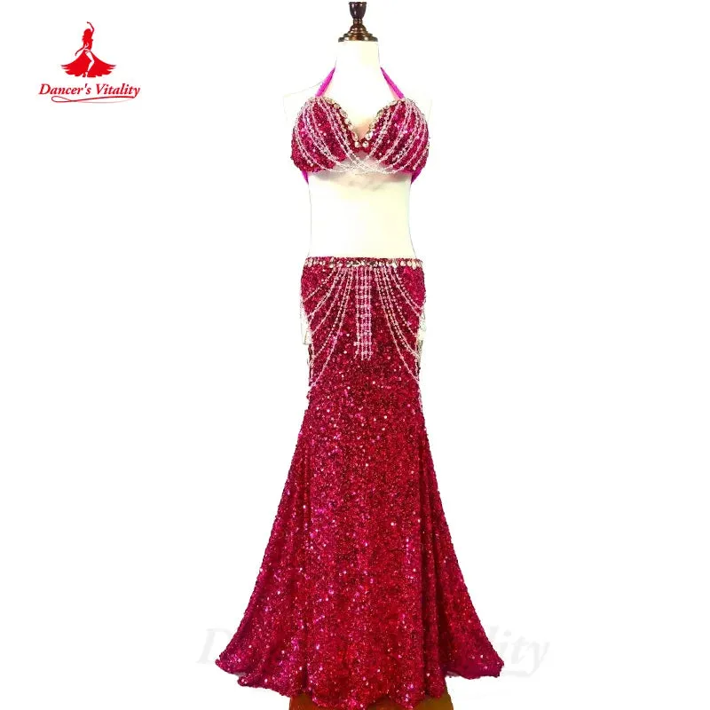 BellyDance Costume Customized Luxury Rhinestones Bra Sexy Sequin Long Skirt Set Oriental Dance Professional Performance Clothing