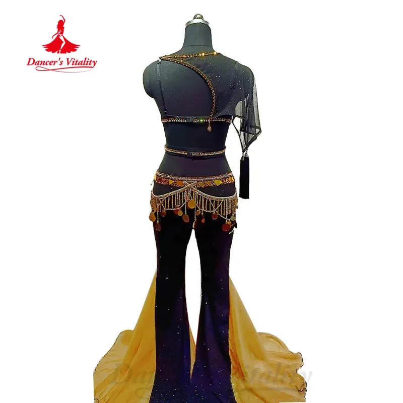 BellyDance Costume Women Customized Diamond Tassel Bra Sexy Tight Horn Pants 2pcs Belly Dance Professional Performance Costumes