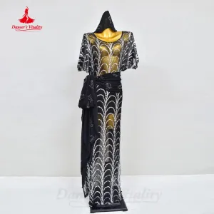 BellyDance Robe Customized Black Sexy Gauze Sequin Short Sleeve Dress Women Oriental Dance Professional Performance Clothing