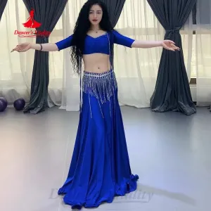 BellyDance Set Women Customized V-neck Short Sleeved Top Tassel Long Skirt 2pcs Oriental Dance Professional Performance Costumes