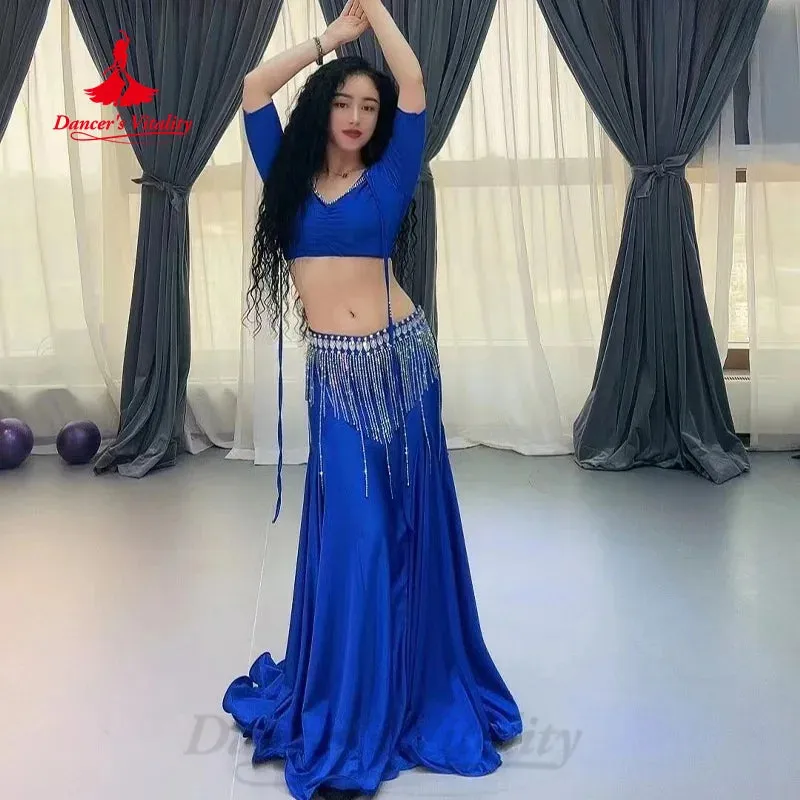 BellyDance Set Women Customized V-neck Short Sleeved Top Tassel Long Skirt 2pcs Oriental Dance Professional Performance Costumes