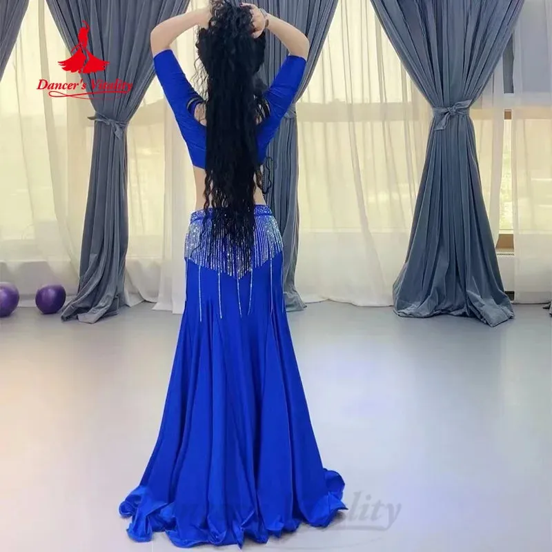 BellyDance Set Women Customized V-neck Short Sleeved Top Tassel Long Skirt 2pcs Oriental Dance Professional Performance Costumes