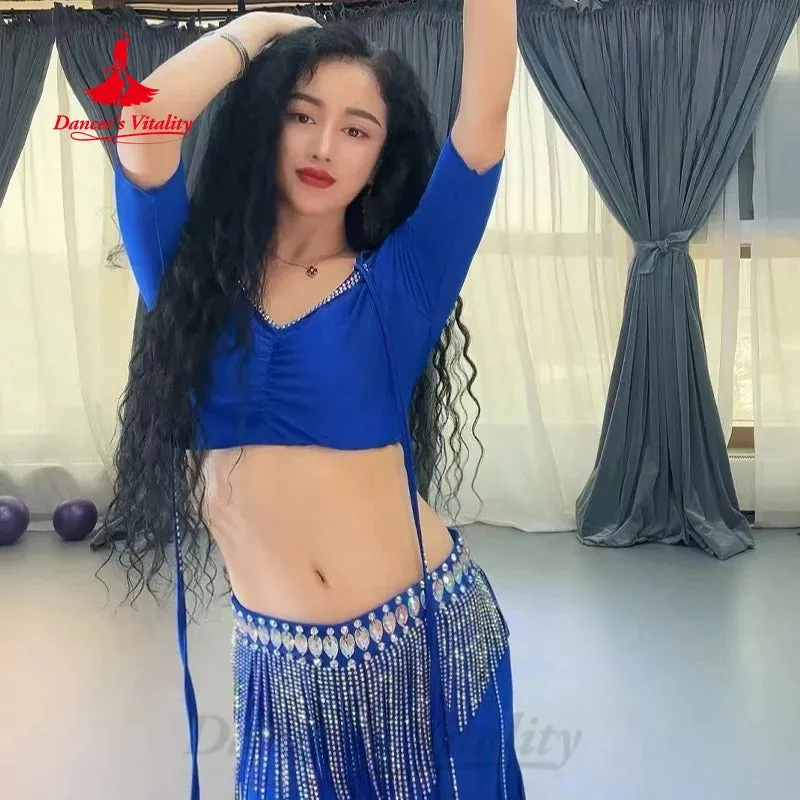 BellyDance Set Women Customized V-neck Short Sleeved Top Tassel Long Skirt 2pcs Oriental Dance Professional Performance Costumes