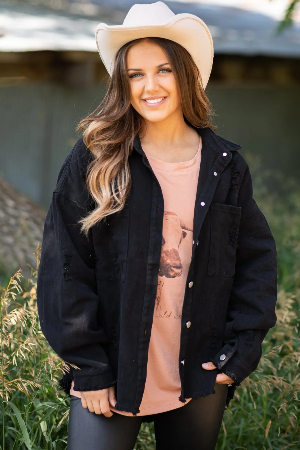 Black Distressed Fray Hem Denim Jacket