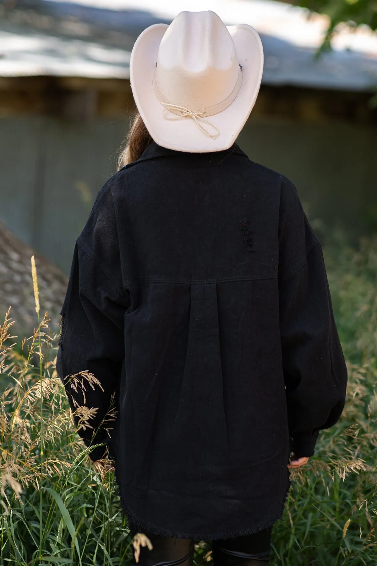 Black Distressed Fray Hem Denim Jacket