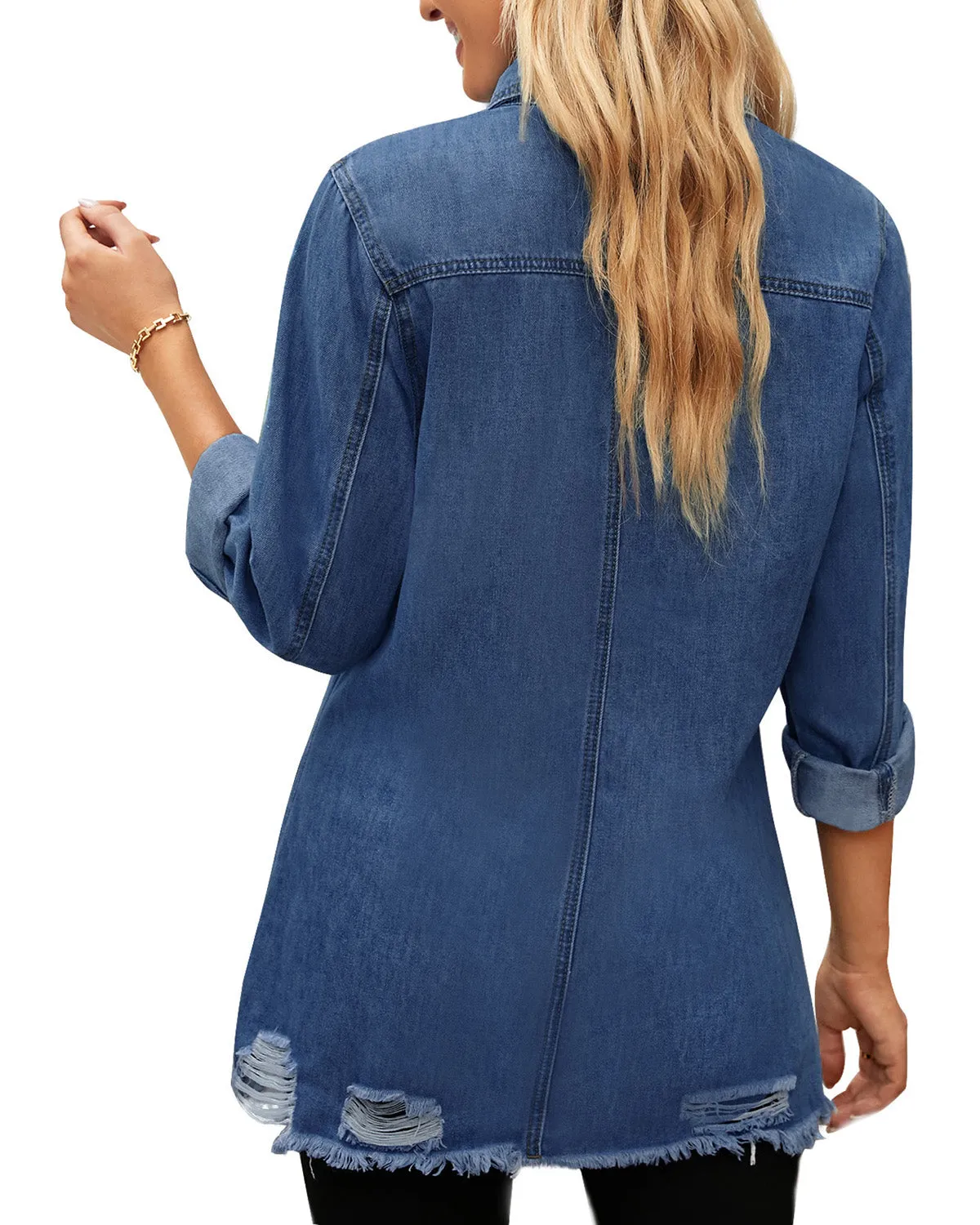 Dark Blue Frayed Hem Distressed Button-Down Denim Jacket