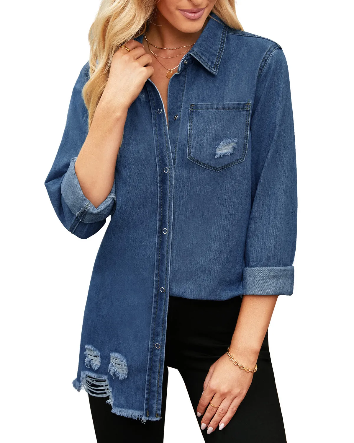 Dark Blue Frayed Hem Distressed Button-Down Denim Jacket