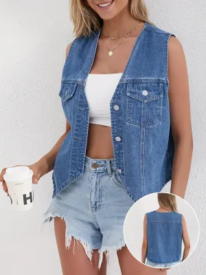 Distressed Denim Vest - Sleeveless Design, Trendy Frayed Hem, Button-Up Front, Casual Style Jean Jacket - Perfect for Spring and Summer Fashion, Versatile Outerwear for Everyday Wear