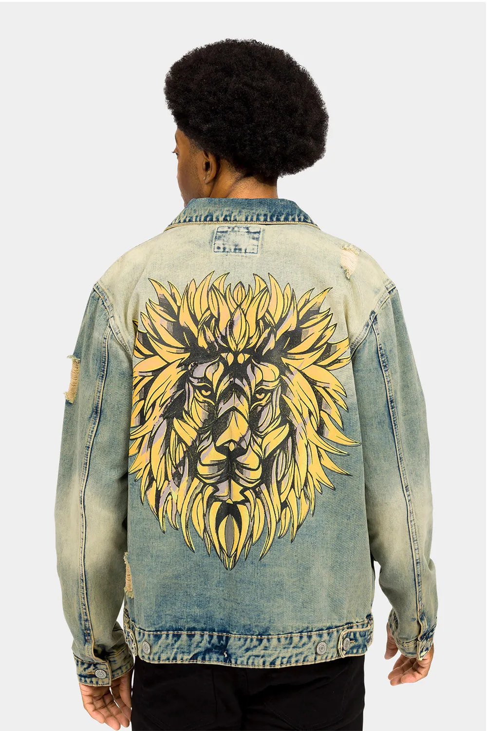 Distressed Lion Print Denim Jacket