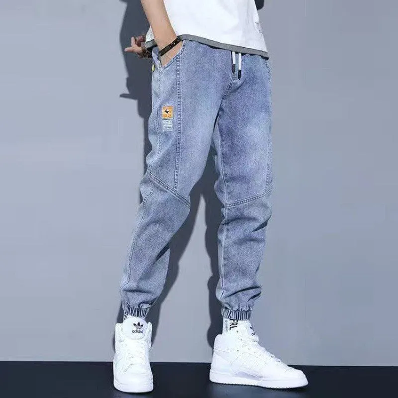 Light Color Denim Pants Boys Spring and Summer 2023 New Ankle-Tied Fashion Brand All-Matching Workwear Harem Cropped Casual Pants