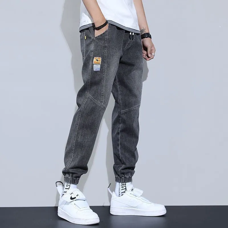 Light Color Denim Pants Boys Spring and Summer 2023 New Ankle-Tied Fashion Brand All-Matching Workwear Harem Cropped Casual Pants