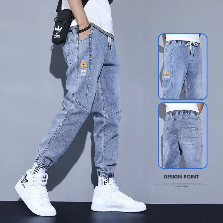 Light Color Denim Pants Boys Spring and Summer 2023 New Ankle-Tied Fashion Brand All-Matching Workwear Harem Cropped Casual Pants