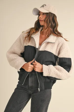 Mable Shearling Contrast Bomber Jacket: Ivory/Black