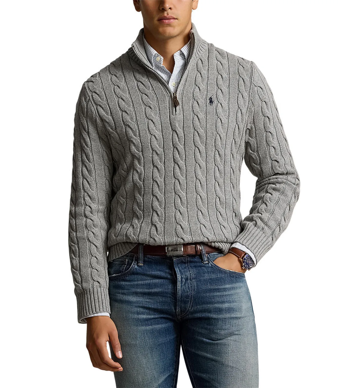 Men's Cable-Knit Cotton Sweater Fawn Gray Heather