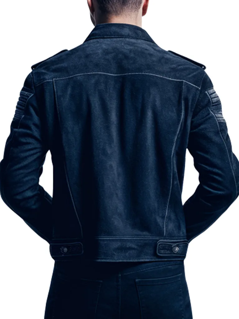 Men's Navy Blue Suede leather Moto Biker Jacket