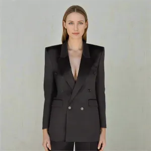 Metaversmall Elegant Patchwork Button Solid Blazers For Women Notched Collar Long Sleeve Spliced Pockets Minimalist Slimming Coat Female