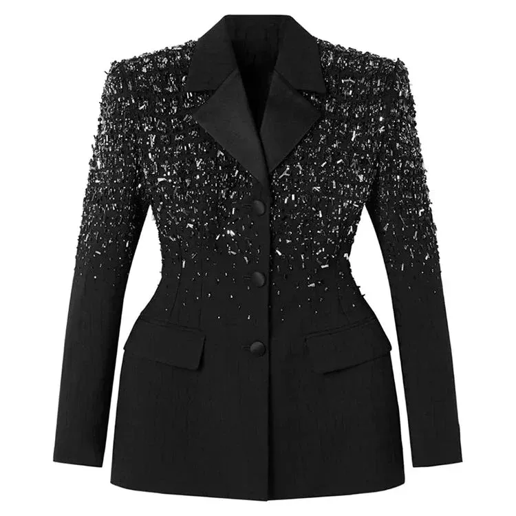 Metaversmall Solid Spliced Diamonds Slim Blazers For Women Notched Collar Long Sleeve Tunic Patchwork Button Chic Coat Female