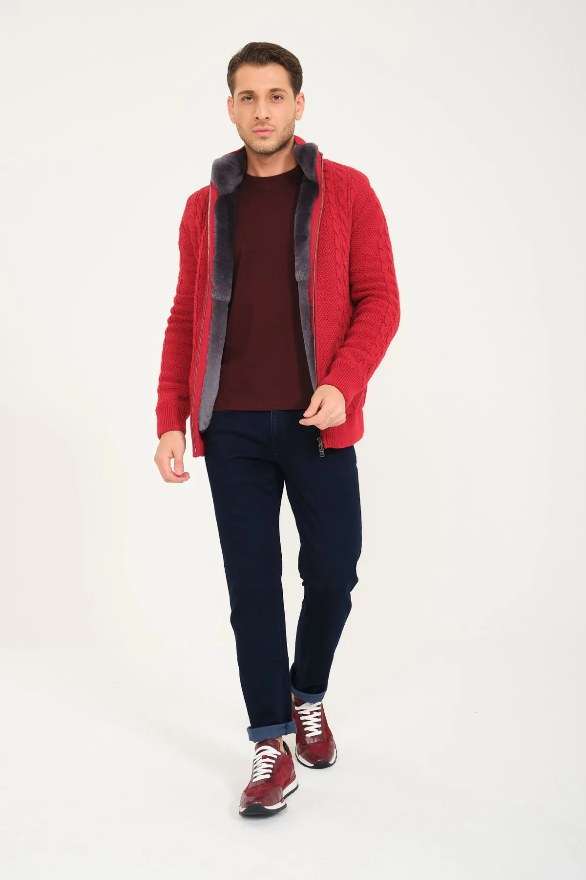 Red Wool & Rex Fur Knit Cardigan