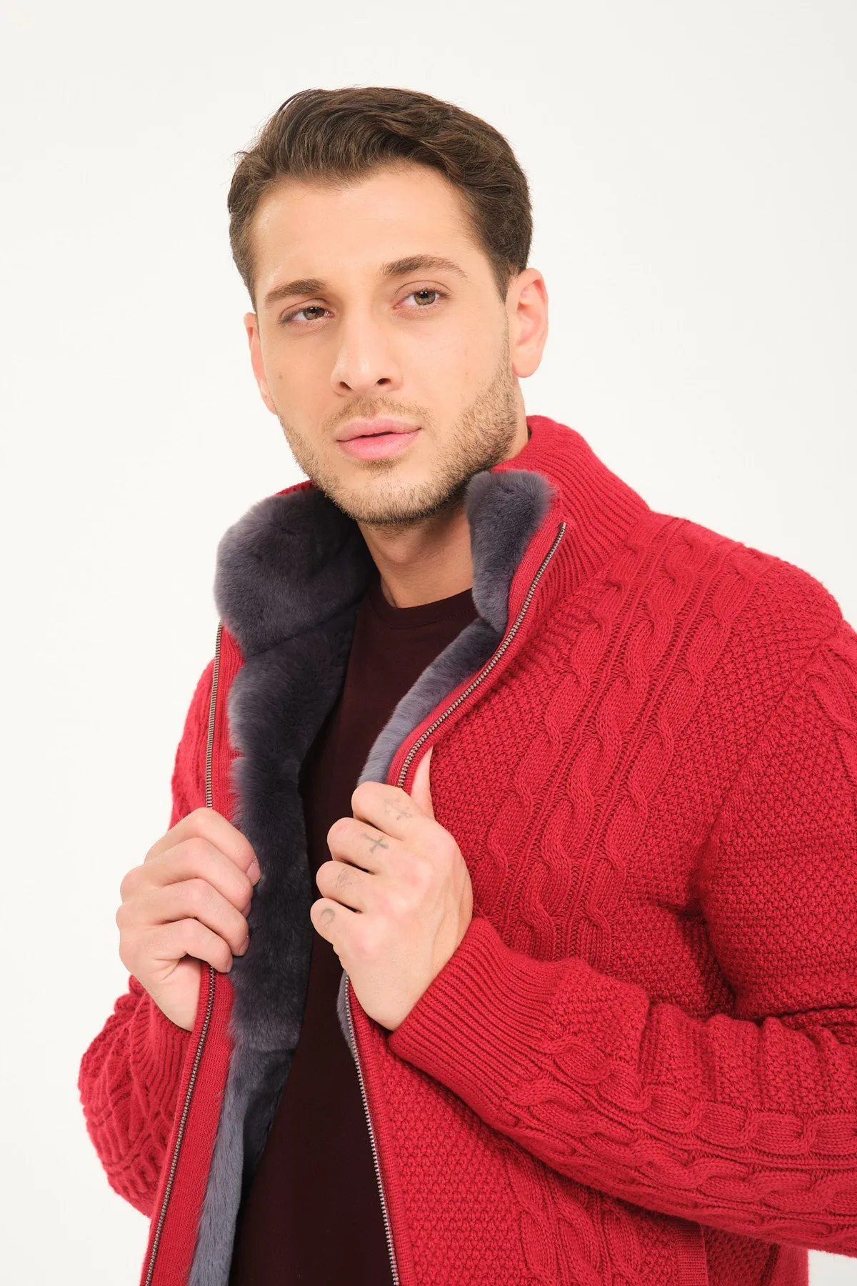 Red Wool & Rex Fur Knit Cardigan