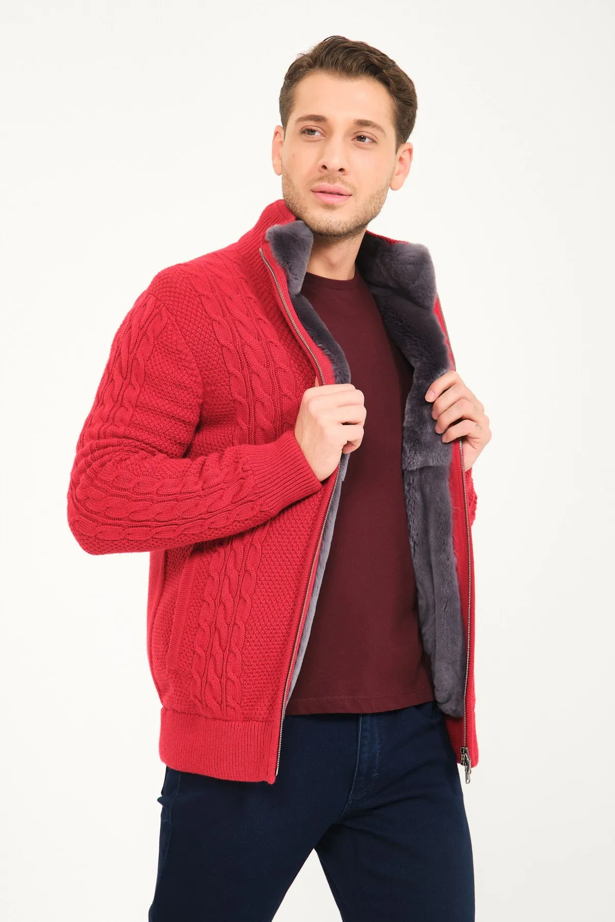 Red Wool & Rex Fur Knit Cardigan