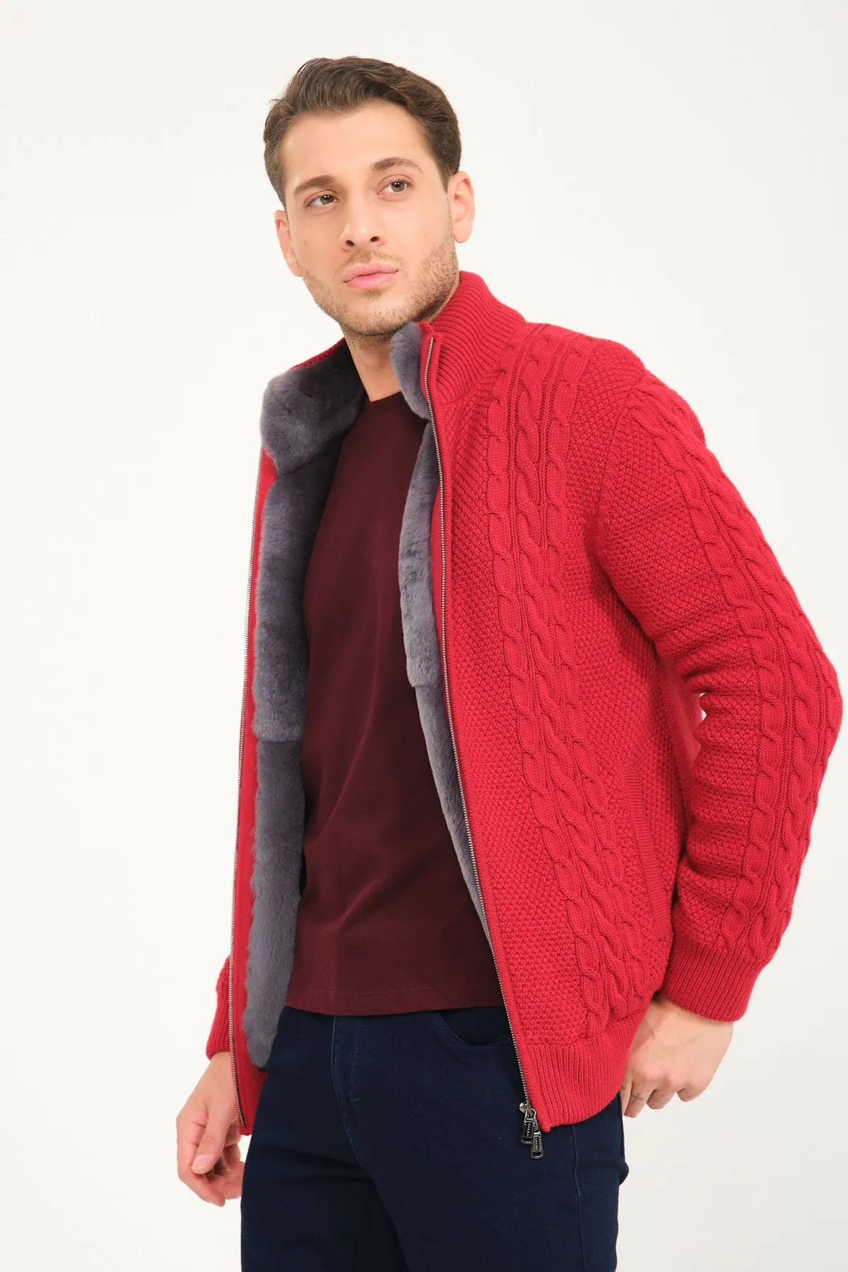 Red Wool & Rex Fur Knit Cardigan