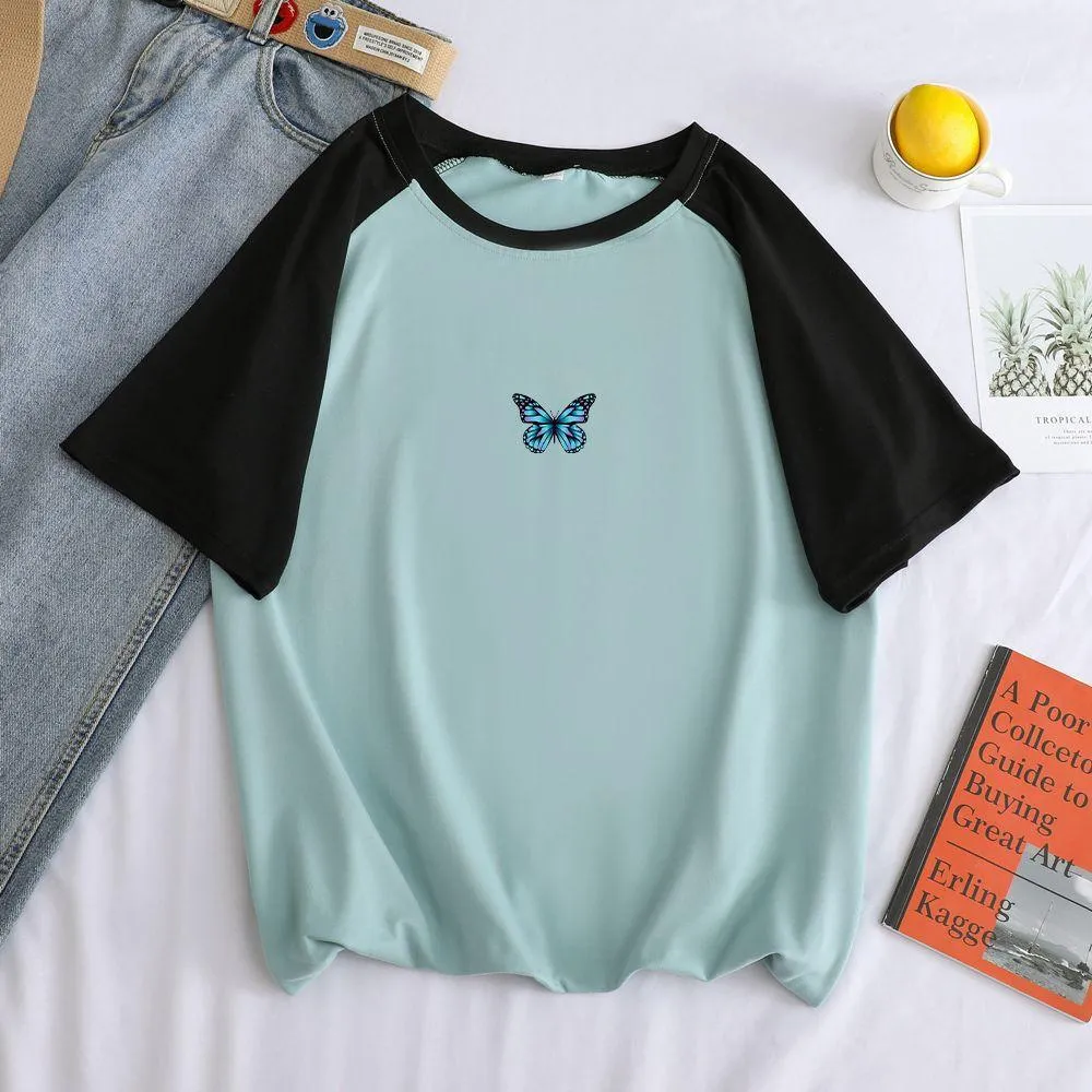 Retro butterfly print stitching short-sleeved T-shirt