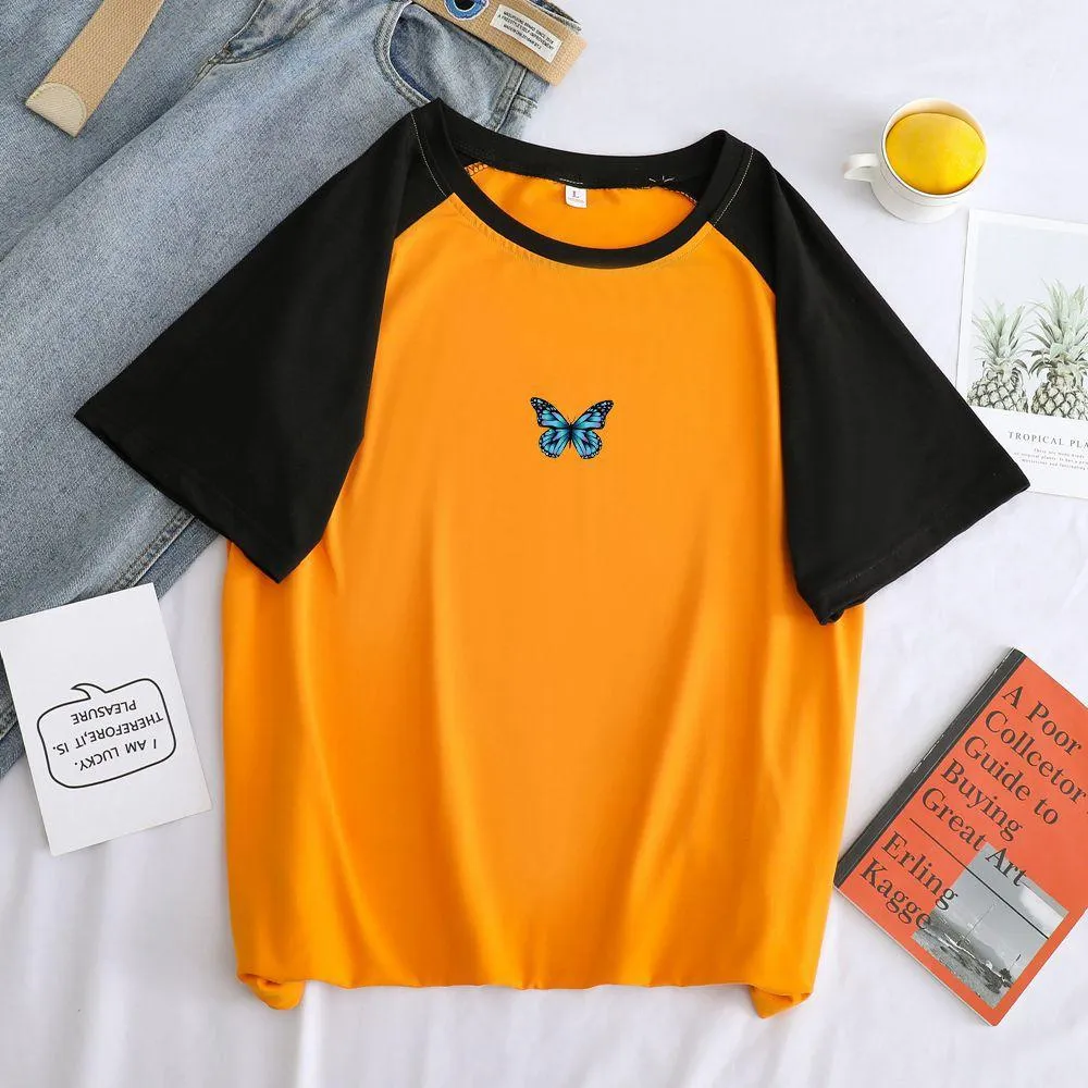 Retro butterfly print stitching short-sleeved T-shirt