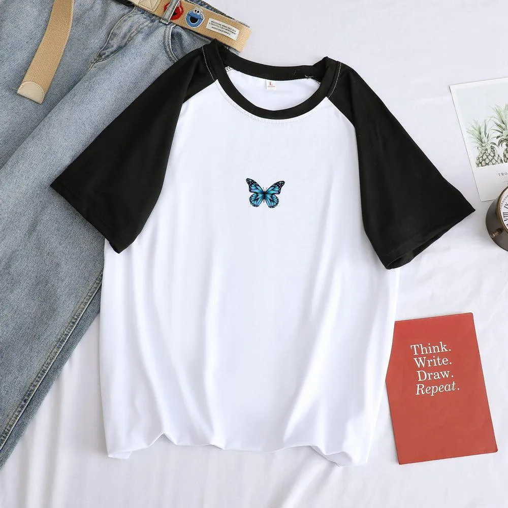 Retro butterfly print stitching short-sleeved T-shirt