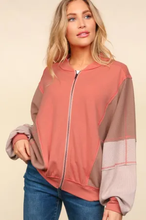 Zip Up Color Block Bomber Jacket with Side Pockets